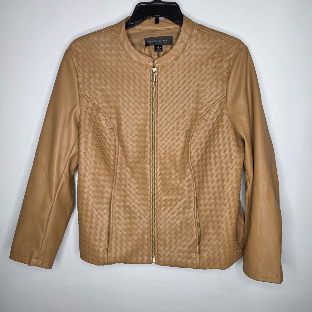 Colleen Lopez Womens Brown Faux Leather Diamond Weave Front Jacket SZ 1X